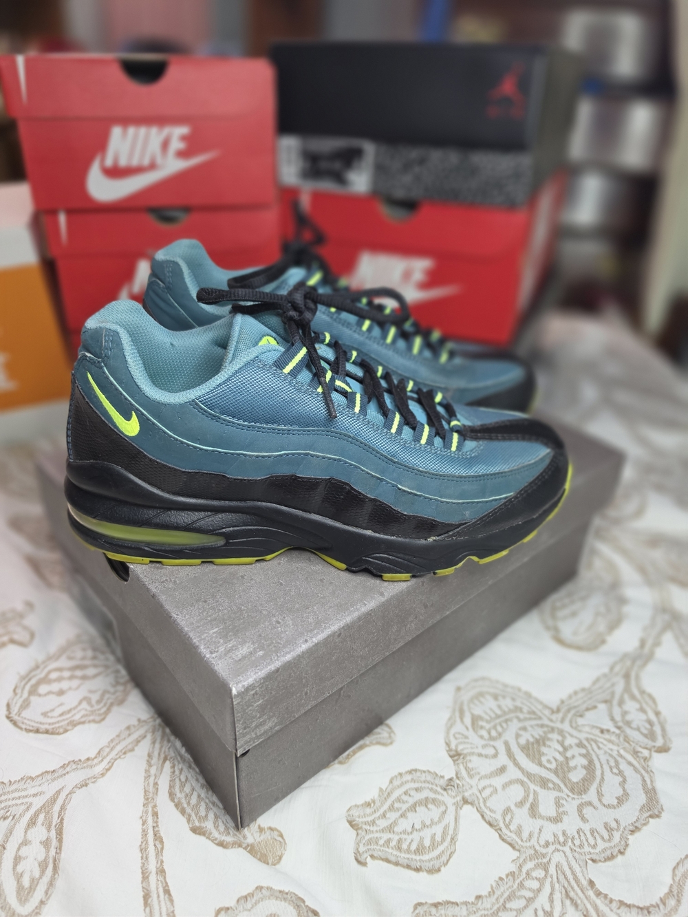 Air Max 95s | Teal, Black, Neon Green | Size 7Y Or Men's 7 Or Women's 8.5